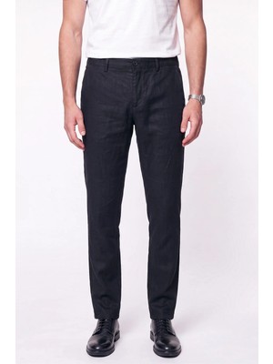 Efor Erkek Comfort Fit Beli Lastikli %100 Keten Siyah Pantolon P 1215