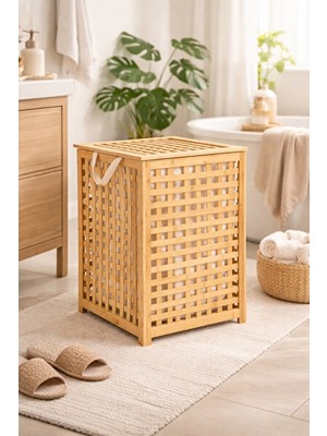 Elarque Çamaşır Sepeti Ahşap ve Bambu Malzemeden Doğal Kirli - 58X40 Cm, Şık ve Day
