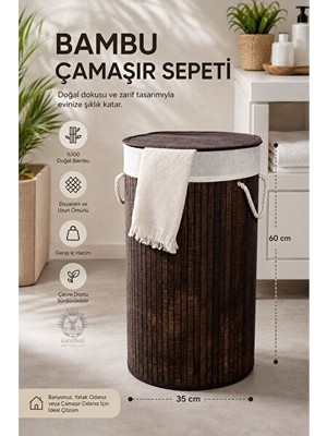 Elarque Çamaşır Sepeti Yuvarlak Bambu Kirli - Doğal ve Hafif Tasarım