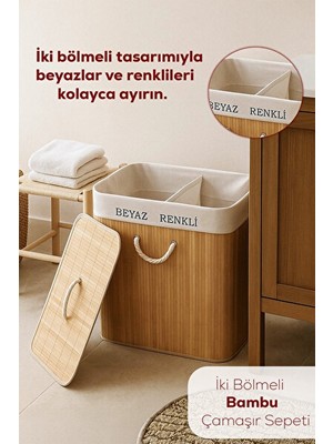 Elarque Çamaşır Sepeti Çift Bölmeli Kapaklı Dikdörtgen Kirli , Bambu Tasarım