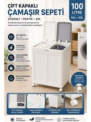 Elarque Çamaşır Sepeti 100 Lt Çift Kapaklı Tekerlekli - Geniş ve Kullanışlı
