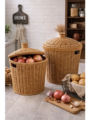 Elarque Sepet Kapaklı Rattan Patates ve Soğan Saklama Sepetleri, 2'li Set