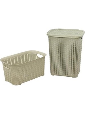 Elarque Çamaşır Sepeti Rattan Görünümlü Plastik Çiftli Set