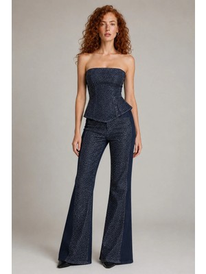 Ivoire Wear Koyu Indigo Yoğun Taşlı Straplez Büstiyer ve Ispanyol Paça Denim Takım