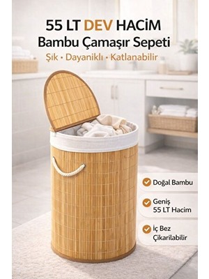 Elarque Çamaşır Sepeti Bambu Katlanabilir Kirli Sepeti - 55 Lt Büyük Boy ve Doğal Tasarım