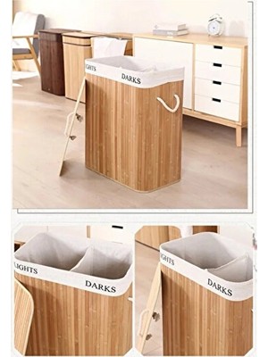 Elarque Çamaşır Sepeti Iki Bölmeli Naturel Bambu , Katlanabilir ve Pratik