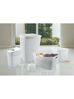 Elarque Çamaşır Sepeti Rattan Banyo Seti, Estetik ve Fonksiyonel 5 Parça Tasarım