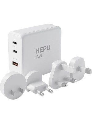 HEPU HP304 100W GaN Seyahat Adaptörü – 4 Farklı Ülke Uyumlu Başlık