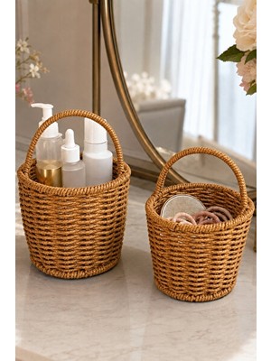 Elarque Sepet Rattan Kulplu 2'li Organizer Seti, Banyo ve Salon Dekorasyonu