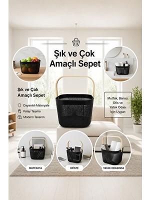 Elarque Sepet Siyah Metal ve Ahşap Saplı Çok Amaçlı Saklama Sepeti