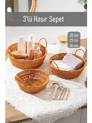 Elarque Sepet Yuvarlak Dekoratif Hasır Set, Banyo ve Ev Düzenleyici Sepetleri