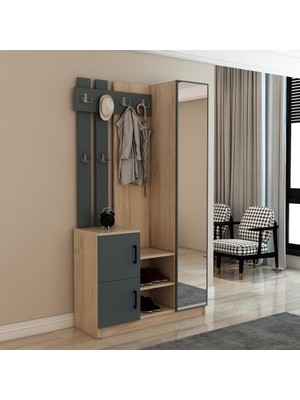 Afilli Nova Modern Tasarımlı Kapaklı Aynalı Portmanto 180 cm Yükseklik 100 cm Genişlik Antrasit MDF