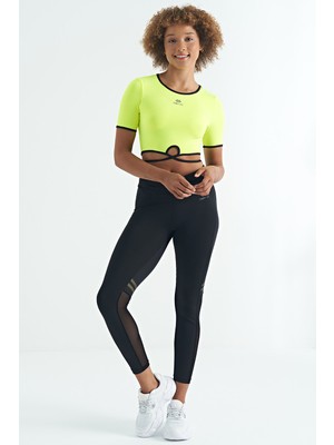Tommy Life Neon Sarı Bel Bağlama Detaylı O Yaka Standart Kalıp Dalgıç Kumaş Kadın Crop T-Shirt - 97266
