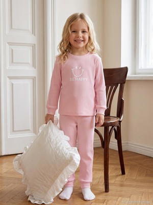 Mini Damla Minidamla Gülen Yüz Baskılı 1-7 Yaş Pijama Takımı - Pembe