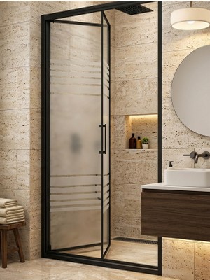 Waterline Ön Cephe Katlanır Akordiyon Kapı Siyah Profil WT-1024 Desen 4mm Temperli Cam H190