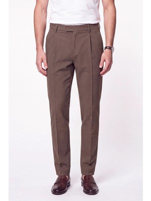 Efor Erkek Comfort Fit Rahat Kalıp Pileli Esnek Pamuklu Çizgili Camel Jogger Pantolon P 1218
