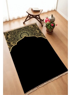 Dekomod Dekoratif Dijital Baskılı Siyah Kaymaz Taban Seccade Namazlık 75X120