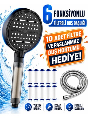 AKD 6 Fonksiyonlu Yüksek Basınçlı Filtreli El Duş Başlığı Seti – 10 Yedek Filtre ve Paslanmaz Duş Hortumu Dahil