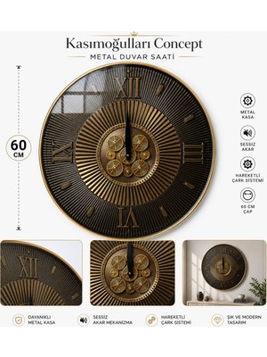 Kasımoğulları Concept 60 cm Hareketli Çarklı Metal Duvar Saati | Sessiz Akar Mekanizma | Gold-Siyah Dekoratif Duvar Saati