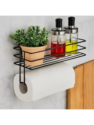 Riya Home Ev & Dekorasyon Yapışkanlı Baharatlık Metal Kağıt Havluluk Siyah Baharat Standı Mutfak Rafı
