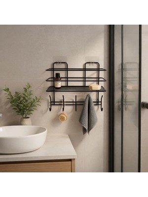 Riya Home Ev & Dekorasyon Yapışkanlı Banyo Rafı 10 Askılıklı Duş Rafı Delmesiz Montaj Siyah Metal Düzenleyici