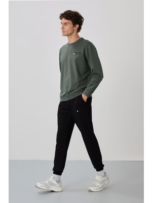 Tommy Life Çağla - Siyah Casual O Yaka Lastik Paça Pamuklu Erkek Standart Kalıp Eşofman Takımı - 85120
