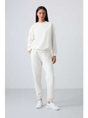 Tommy Life Ekru Basic Pamuklu O Yaka Oversize Lastik Paça Kadın Eşofman Takım - 95287