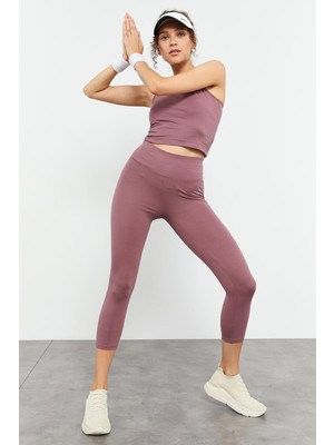 Tommy Life Gül Kurusu Yüksek Bel Kapri-Crop Atlet Slim Fit Kadın Tayt Takım - 95284