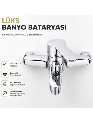 Badem10 Modern Lüks Banyo Bataryası Krom Kaplama Duvar Tipi Şık Tasarım Sıcak Soğuk Su Girişli Musluk
