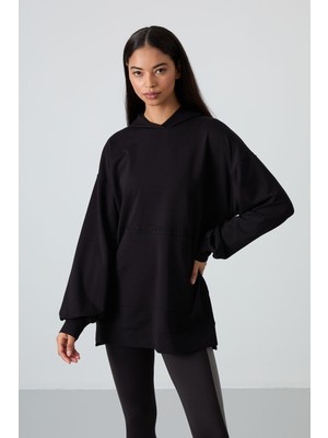 Tommy Life Siyah Balon Kol Yazı Nakışlı Kadın Rahat Form Tunik Sweatshirt - 97163