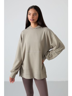 Tommy Life Koyu Bej Balon Kol Yazı Nakışlı Kadın Rahat Form Tunik Sweatshirt - 97163