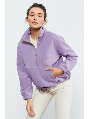Tommy Life Eflatun Yarım Fermuar Etek Ucu Büzgülü Kadın Polar Oversize Sweatshirt - 97171