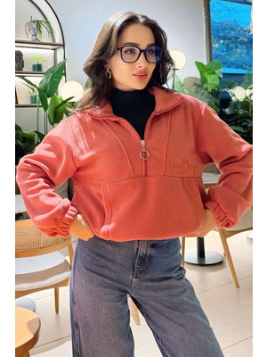 Tommy Life Yaban Gülü Yarım Fermuar Etek Ucu Büzgülü Kadın Polar Oversize Sweatshirt - 97171