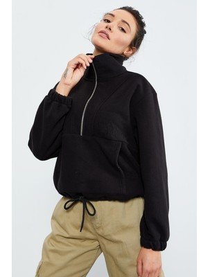 Tommy Life Siyah Yarım Fermuar Etek Ucu Büzgülü Kadın Polar Oversize Sweatshirt - 97171