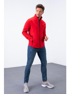Kırmızı Fermuarlı Dik Yaka Su ve Rüzgar Geçirmez Softshell Erkek Mont - 88050
