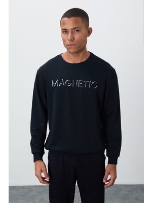 Tommy Life Lacivert Yazı Nakışlı O Yaka Rahat Form İçi Polarlı Erkek Sweatshirt - 88020