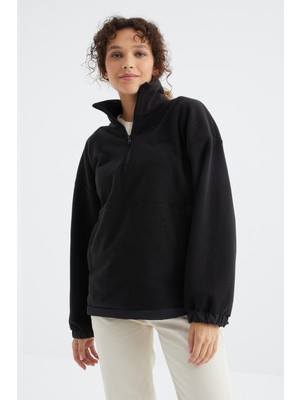 Tommy Life Siyah Yarım Fermuar Etek Ucu Büzgülü Dik Yaka  Oversize Kadın Polar Sweatshirt - 97236