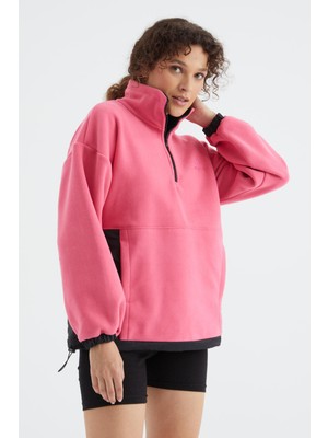 Tommy Life Şeker Pembe Yarım Fermuar Etek Ucu Büzgülü Dik Yaka  Oversize Kadın Polar Sweatshirt - 97236