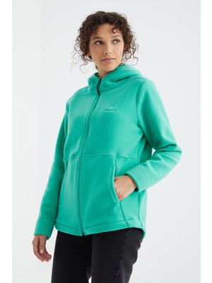 Deniz Yeşili Kapüşonlu Fermuarlı Rahat Form Kadın Polar Sweatshirt - 97233