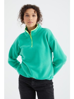 Tommy Life Deniz Yeşili Yarım Fermuar Etek Ucu Büzgülü Dik Yaka Oversize Kadın Polar Sweatshirt - 97234