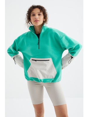 Tommy Life Deniz Yeşili Etek Ucu Büzgülü Yarım Fermuarlı Oversize Kadın Polar Sweatshirt - 97238