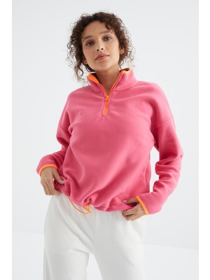 Tommy Life Şeker Pembe Yarım Fermuar Etek Ucu Büzgülü Dik Yaka Oversize Kadın Polar Sweatshirt - 97234
