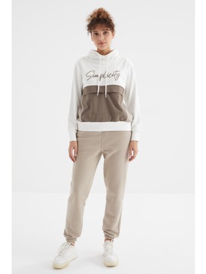 Tommy Life Koyu Bej Yüksek Bel Şardonlu 3 İplik Pamuklu Basic Kadın Eşofman Alt - 94624