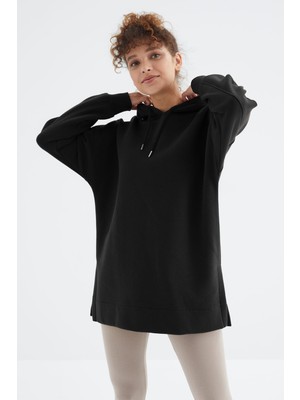 Tommy Life Siyah Reglan Kol Basic Kapüşonlu Oversize Sweatshirt Tunik - 97242