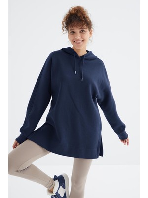 Tommy Life İndigo Reglan Kol Basic Kapüşonlu Oversize Sweatshirt Tunik - 97242
