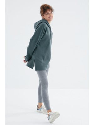 Tommy Life Orman Yeşili Reglan Kol Basic Kapüşonlu Oversize Sweatshirt Tunik - 97242