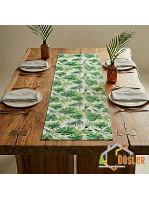 Düşler Ev Tekstili 40X120 Tropikal Palmiye Yeşil Çiçek Yaprak Monstera Desenli Su ve Leke Itici Duck Kumaş Yemek Masası Örtüsü Dikdörtgen Runner