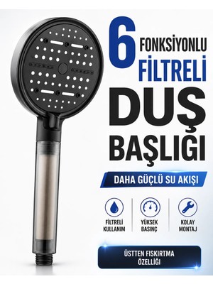 AKD 6 Fonksiyonlu Filtreli Duş Başlığı – Yüksek Basınçlı, Üstten Su Çıkışlı Siyah El Duşu