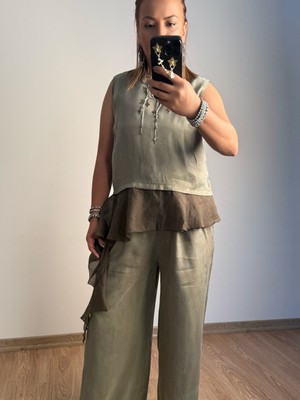 8511 Nurnova Kadın Haki Şifon Detaylı Lyocell Rayon Kumaş Bluz Pantolon Ikili Takım