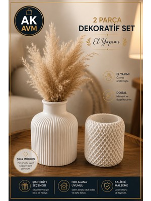 2 Parça El Yapımı Modern Dekoratif Vazo ve Biblo Oje Dekor Set